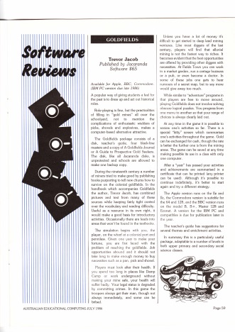 Software Reviews: Goldfields, Australian Educational Computing, Vol 1 No 1, July 1986, page 59